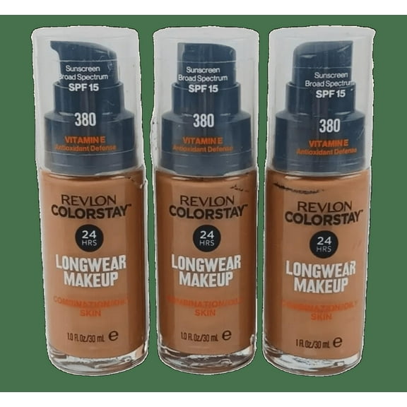Revlon Liquid Foundation, ColorStay Face Makeup for Combination & Oily Skin, SPF 15, Medium-Full Coverage with Matte Finish, Rich Ginger (380), 1.0 oz Pack of 3