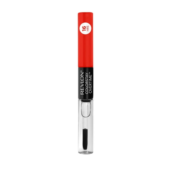 Revlon Liquid Lipstick with Clear Lip Gloss by Revlon, ColorStay Face Makeup, Overtime Lipcolor, Dual Ended with Vitamin E in Red/ Coral, 580 Cherry Time, 0.07 fl oz
