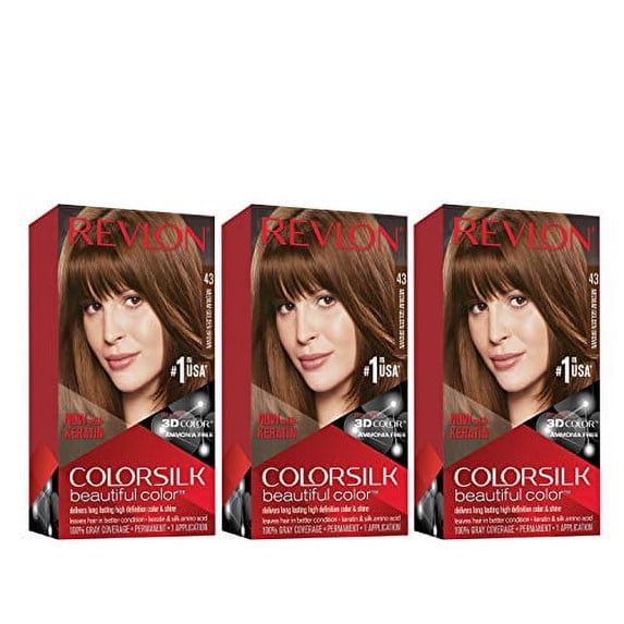 Revlon Permanent Hair Color, Permanent Hair Dye, Colorsilk with 100% Gray Coverage, Ammonia-Free, Keratin and Amino Acids, 43 Medium Golden Brown, 4.4 Oz (Pack of 3)