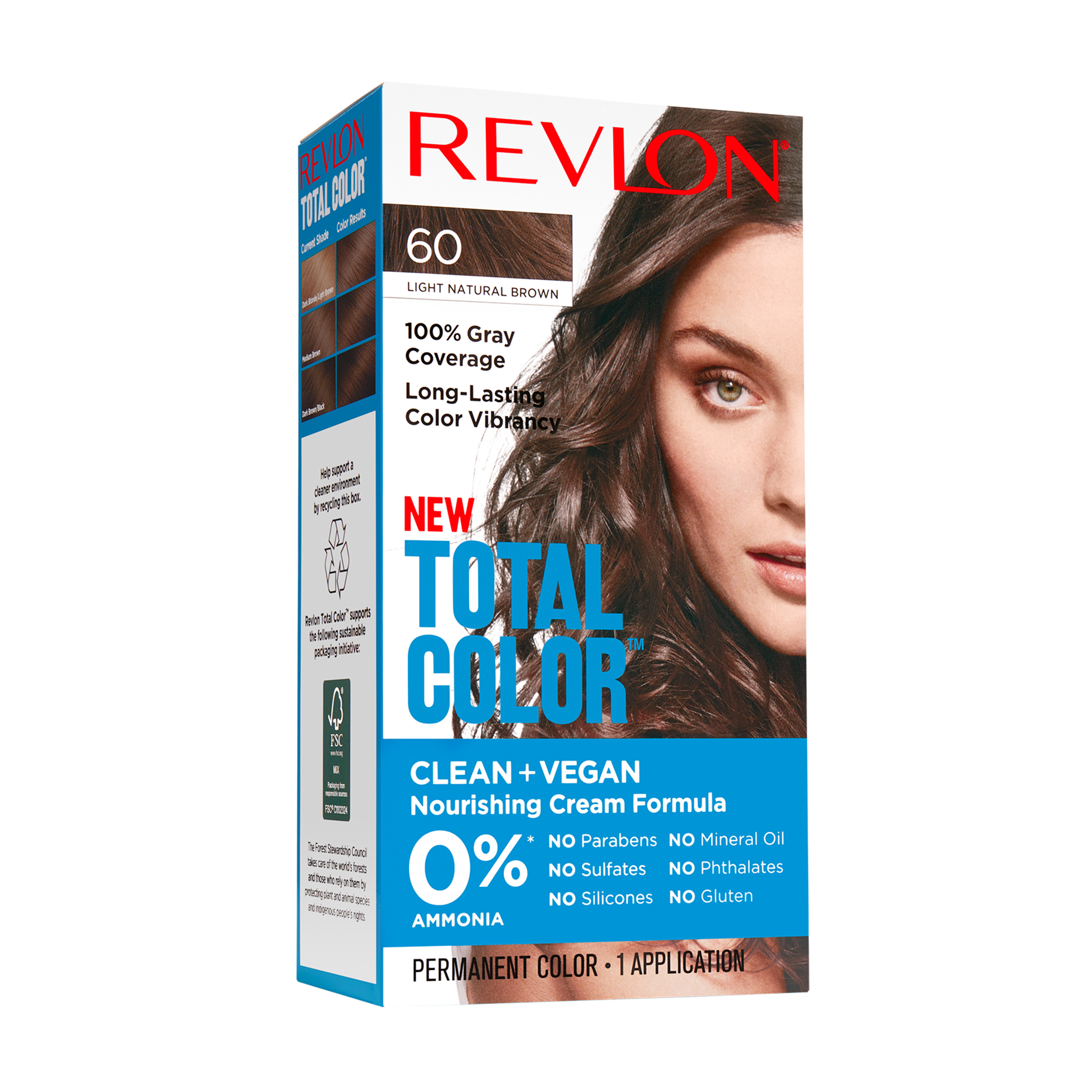 Revlon Permanent Hair Color by Revlon, Permanent Hair Dye, Total Color with 100% Gray Coverage, Clean & Vegan, 60 Light Natural Brown, 3.5 Oz, 60 Light Natural Brown, 5.94 fl oz - image 1 of 16