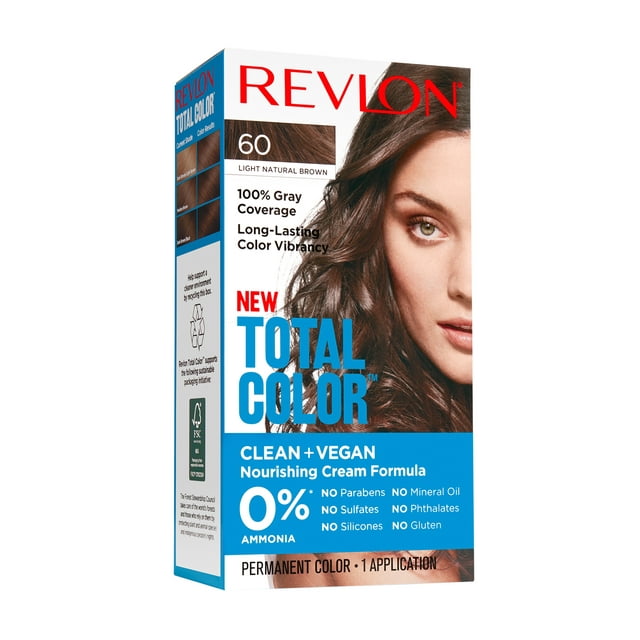 Revlon Permanent Hair Color by Revlon, Permanent Hair Dye, Total Color with 100% Gray Coverage, Clean & Vegan, 60 Light Natural Brown, 3.5 Oz, 60 Light Natural Brown, 5.94 fl oz