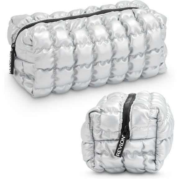 REVLON Marshmallow Quilted Makeup Bag, Makeup Organizer Bag & Travel Case for Women, Silver Metallic
