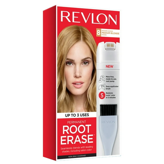 Revlon Root Erase Permanent Hair Color, At Home Touchup Dye with Applicator Brush for Multiple Use, 100% Gray Coverage, 8 Medium Blonde, 3.2 fl oz