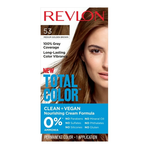 Revlon Total Color Permanent Hair Color, Clean and Vegan, 100% Gray Coverage Hair Dye, 53 Medium Golden Brown, 5.94 fl oz