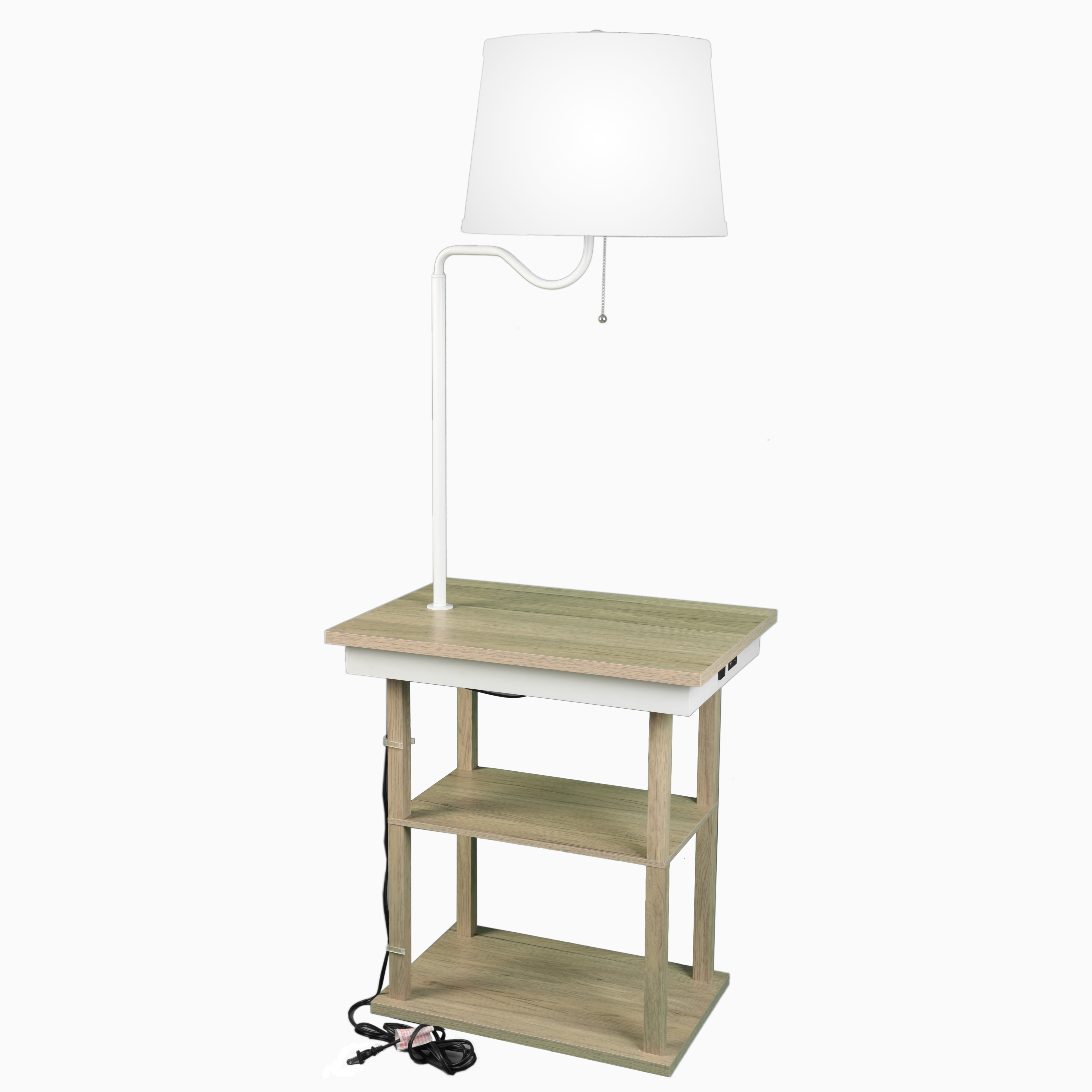 56-Inch Oak Shelf Floor Lamp with White Fabric Shade
