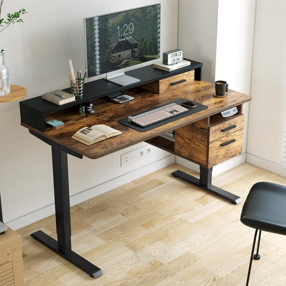 RevoGlow Commerce Electric Standing Desk 48 x 24 Inch with Monitor Shelf, 3 Drawers and Open Storage, Home Office Computer Workstation, Rustic Brown, 2 Packages