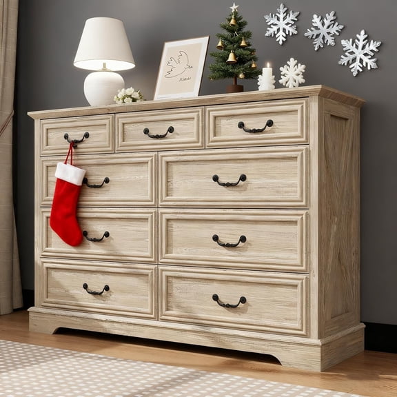 RevoGlow Commerce Farmhouse 9 Drawer Dresser, Natural Oak Rustic Chest of Drawers with Ample Storage Space, Solid Wood Look, Metal Handles, Bedroom Clothes Organizer for Home, Entryway or Living Room