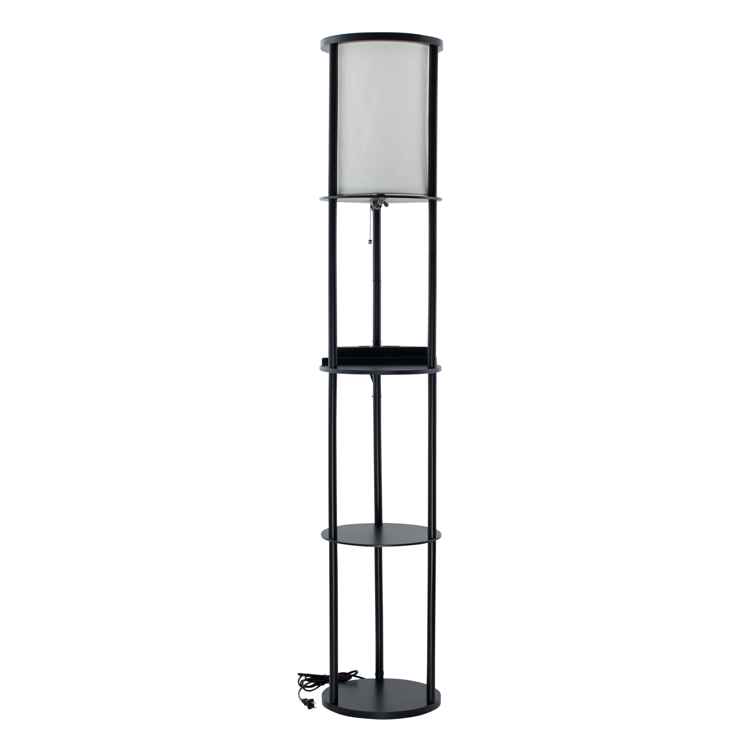 Tall Black Shelf Floor Lamp with White Fabric Shade