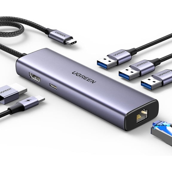 Revodok 6 in 1 USB C Hub Gigabit Ethernet Adapter with 4K HDMI, 100W PD Charging, A Data Ports Compatible Mac M1, M2, M3, iPad, iPhone 16 Pro/Pro Max, Steam Deck