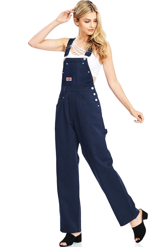 Revolt PLUS SIZE Women's Juniors Baggy Straight Leg Twill/Denim Overalls (14, Navy)