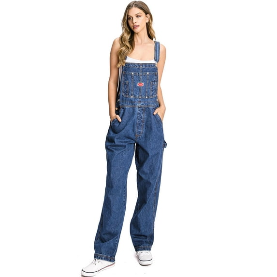 Revolt Plus Size Women's Juniors Baggy Straight Leg Denim Overalls (18, Denim/Gold ST)