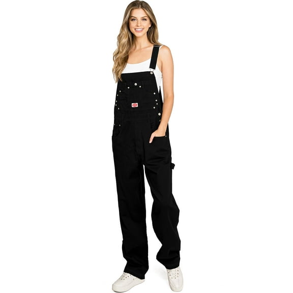 Revolt Plus Size Women's Juniors Baggy Straight Leg Twill Overalls (Black, 16)
