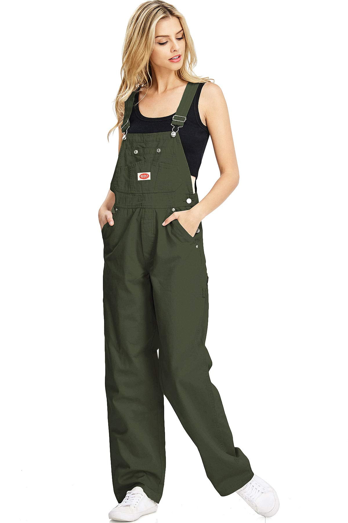 Revolt Women's Juniors Baggy Straight Leg Twill Overalls (16, Olive)