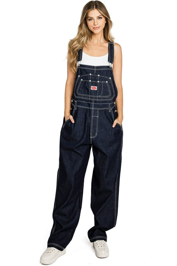Revolt Women's Juniors Baggy Straight Leg Twill Overalls (20, Dark Denim)