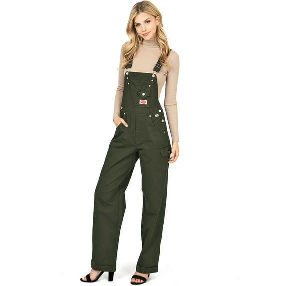 Revolt Women's Juniors Baggy Straight Leg Twill Overalls (Olive, S)