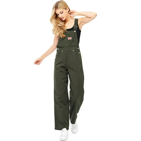 Revolt Women's Juniors Baggy Straight Leg Twill Overalls (True Olive, 14)