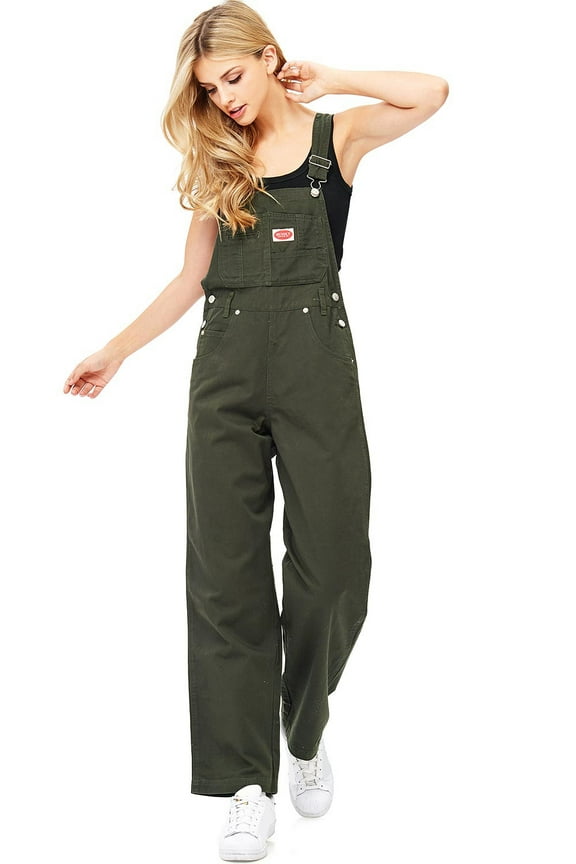 Revolt Women's Juniors Baggy Straight Leg Twill Overalls (True Olive, 14)