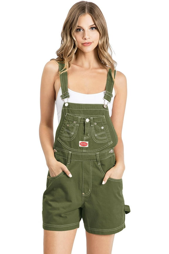 Women's Juniors Casual Classic Soft Twill Short Overalls (Bold Olive, Large)