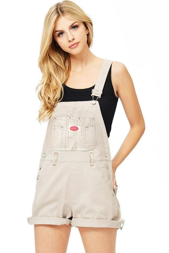Revolt Women's Juniors Classic Twill Short Overalls (Fresh Khaki, Large)