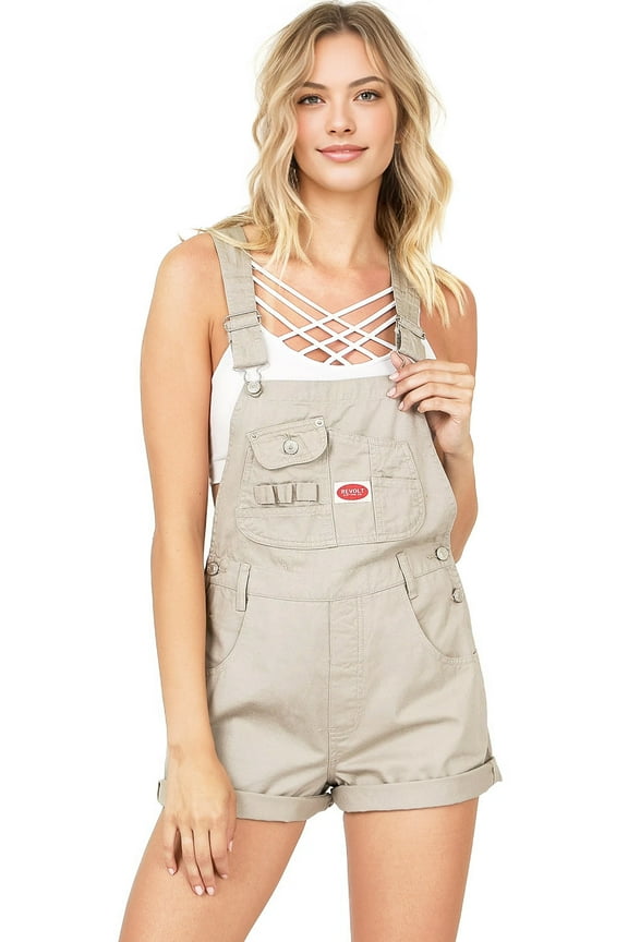 Women's Juniors Classic Twill Short Overalls (Khaki, Large)