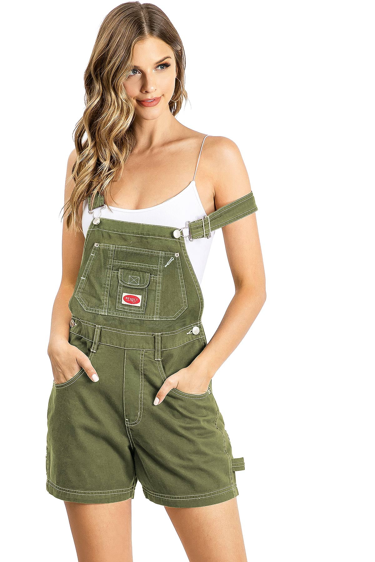 Revolt Women's Juniors Classic Twill Short Overalls (L, Olive/WT Stitch)