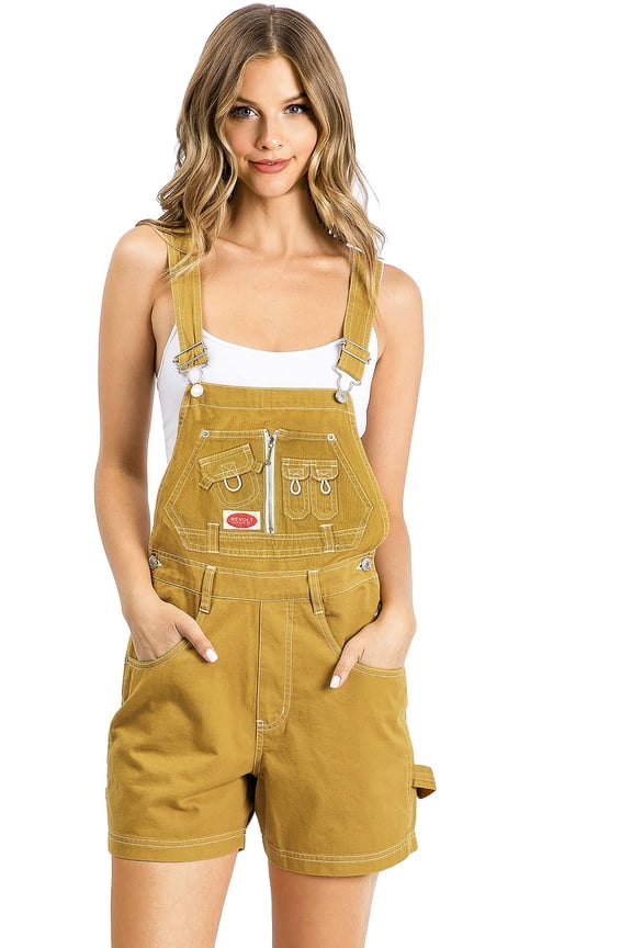 Revolt Women's Juniors Classic Twill Short Overalls  (Mustard/Wt Stitch, Large)