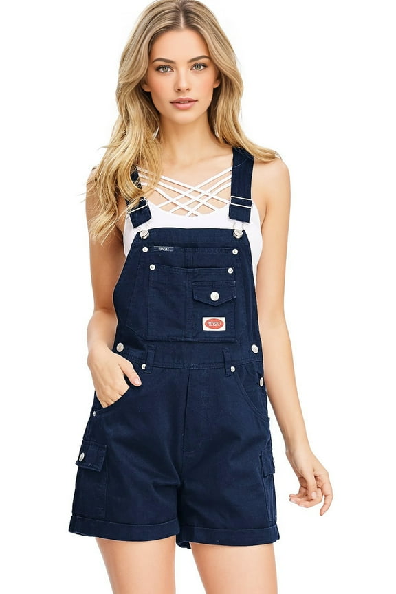 Women's Juniors Classic Twill Short Overalls (Navy, Medium)