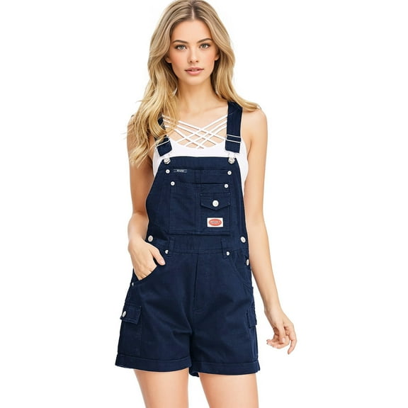 Revolt Women's Juniors Classic Twill Short Overalls (Navy, Small)