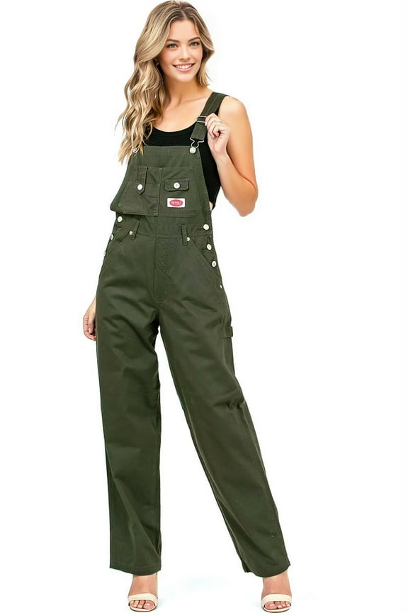 Women's Juniors Plus Size Baggy Straight Leg Twill Overalls (16, Olive)
