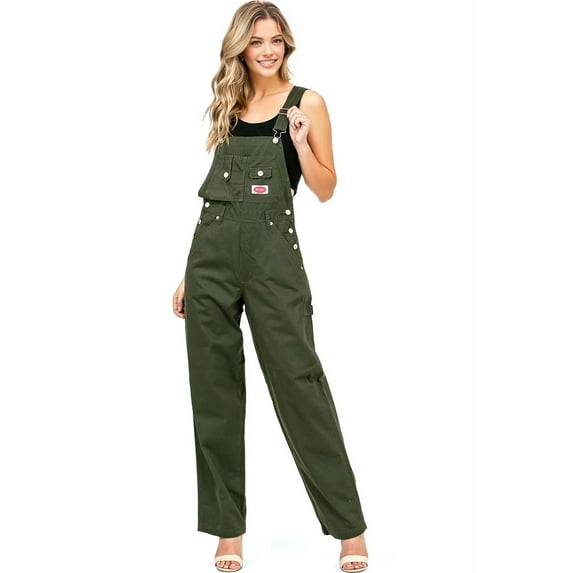 Revolt Women's Juniors Plus Size Baggy Straight Leg Twill Overalls (Olive, 14)