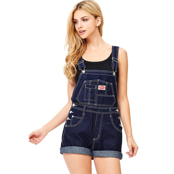 Revolt Women's Juniors Retro Nineties Denim Twill Short Overalls (Dark Denim, Large)