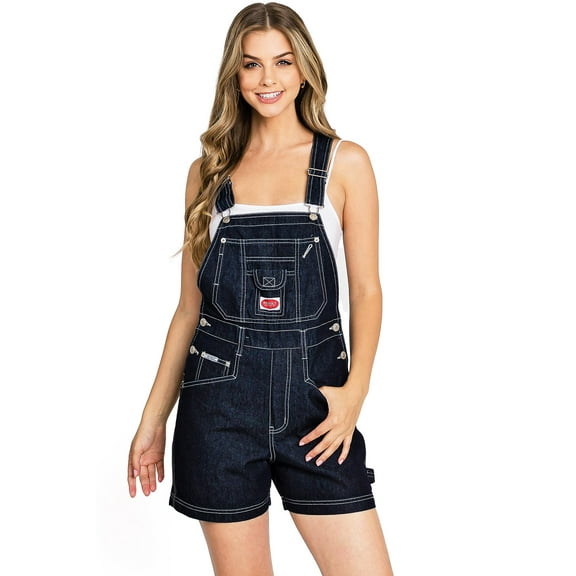Revolt Women's Juniors Vintage Denim Short Overalls (Dark Denim, Medium)