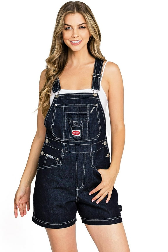 Revolt Women's Juniors Vintage Denim Short Overalls (Dark Denim, Medium)