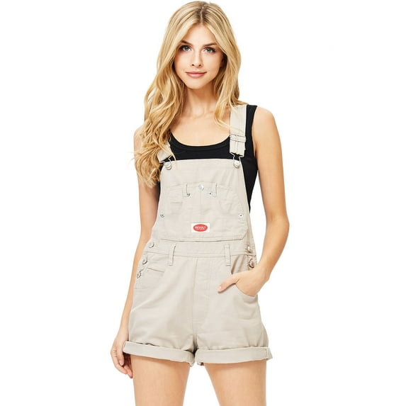 Revolt Women's Juniors Vintage Denim Short Overalls (Fresh Khaki, Small)