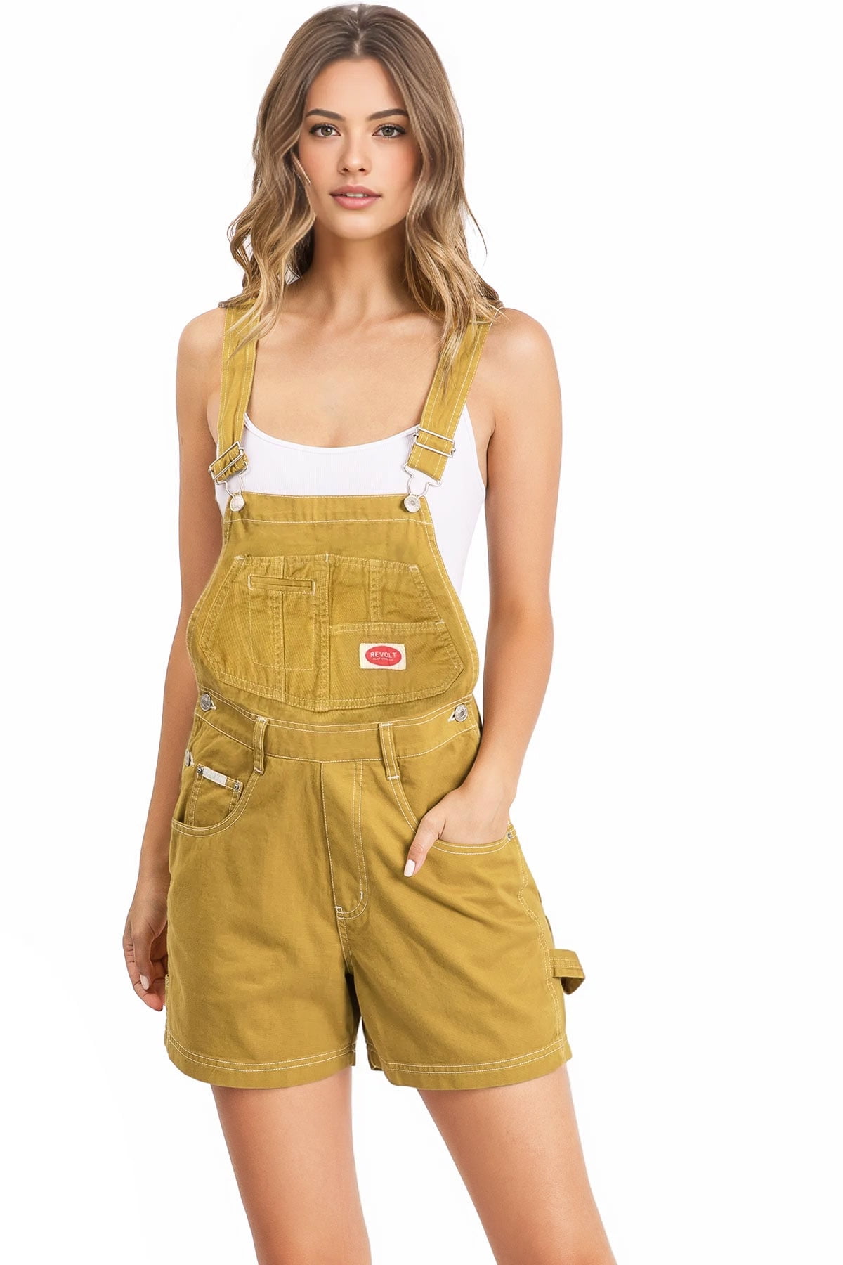 Revolt Women s Juniors Vintage Twill Denim Short Overalls S Mustard