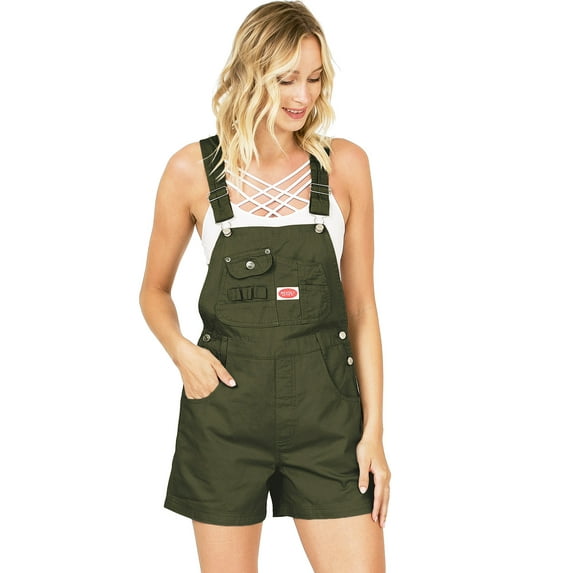 Revolt by Palomares Women's Juniors Vintage Twill/Denim Short Overalls (Classic Olive, Large)