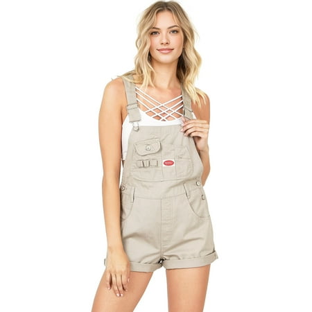 Revolt by Palomares Women's Juniors Vintage Twill/Denim Short Overalls (Smooth Khaki, Large)