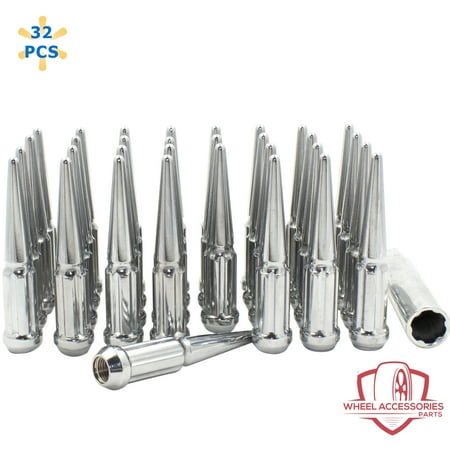 32 Pcs M14x1.5 14x1.5 Thread Spiked 4.4 Long Lug Nuts Chrome Truck Spline Fits 1999+ Chevy Silverado GMC Sierra 2500 3500 | Ford 2005+ F250 F350 | 2011+ Ram 2500 3500