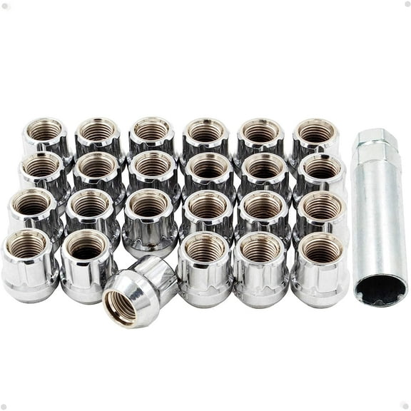 Wheel Accessories Parts Set of 24 Chrome M14x1.5 Lug Nuts Small Diameter Open End Duplex Spline Tuner Lug Nuts M14x1.5 Thread, 1.00" Length for Aftermarket Wheels with Key