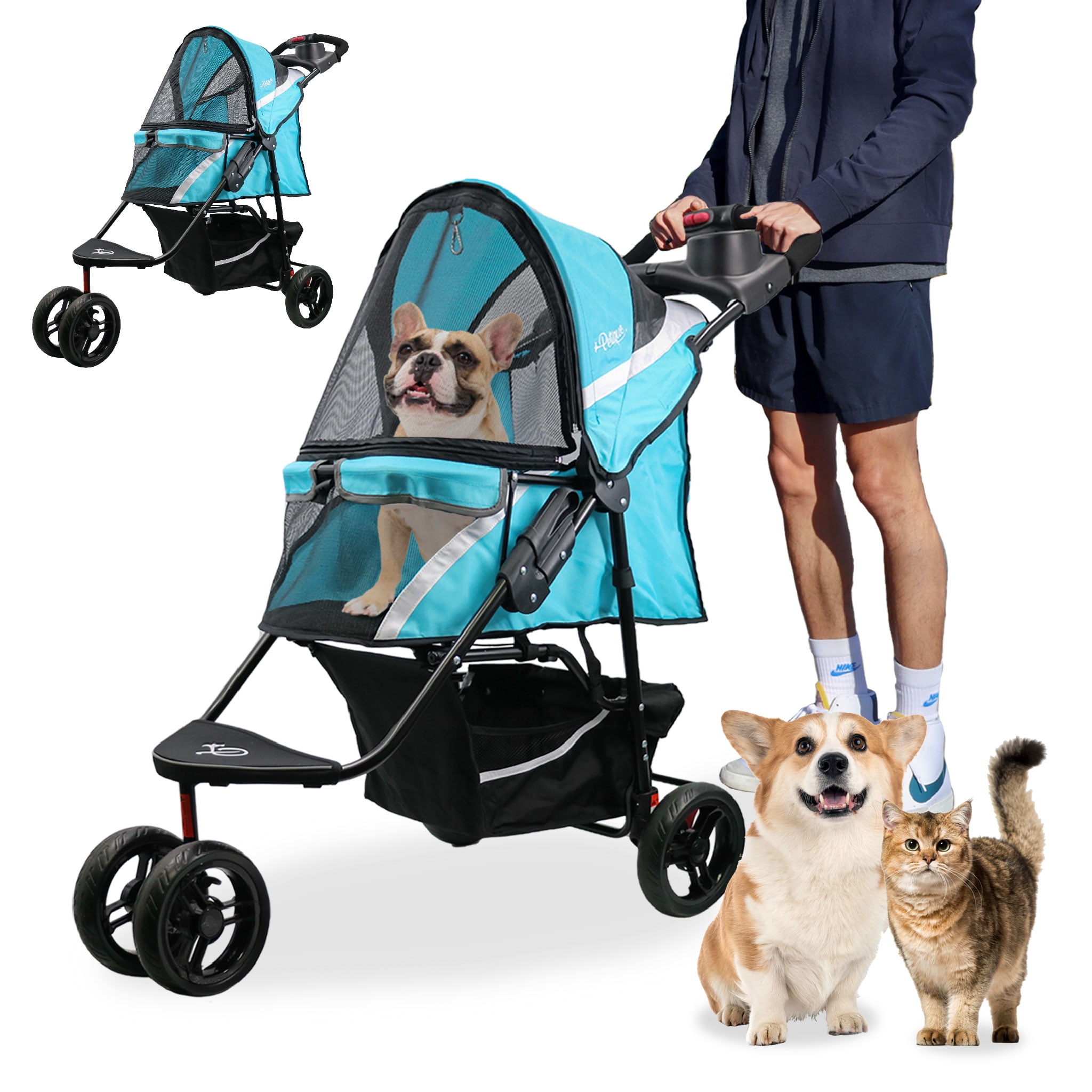 Teal Mint Pet Stroller with Mesh Windows and Storage