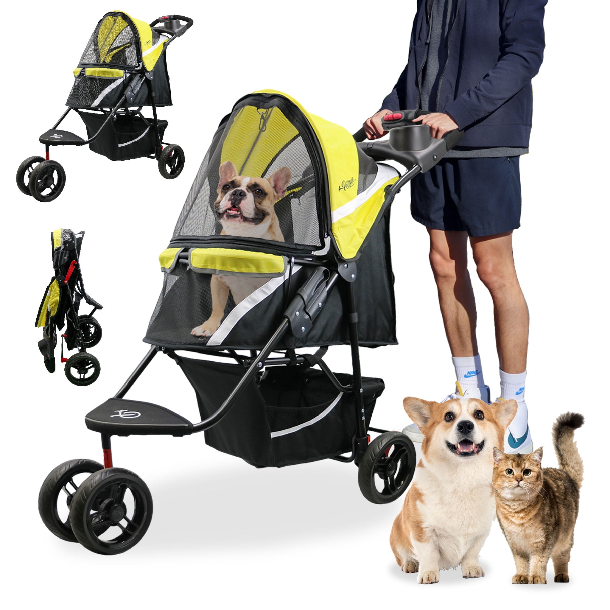 Sunshine Yellow Pet Stroller with Mesh Windows and Storage