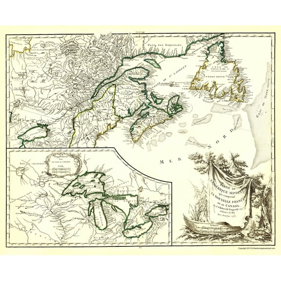 Revolutionary War Map Print - New France Canada - Vaugondy 1755 - Vintage Wall Art