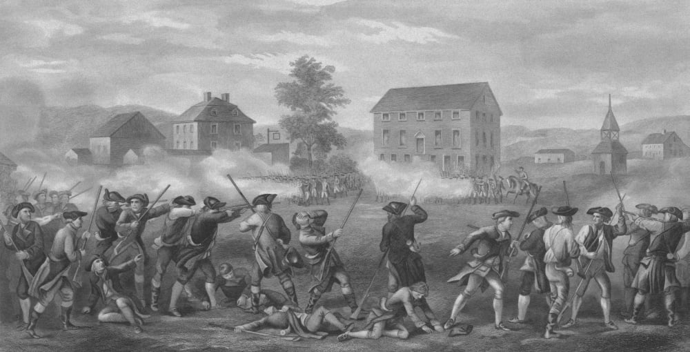 Revolutionary War print of American minutemen being fired upon by British troops Canvas Art - John ParrotStocktrek Images (40 x 20)