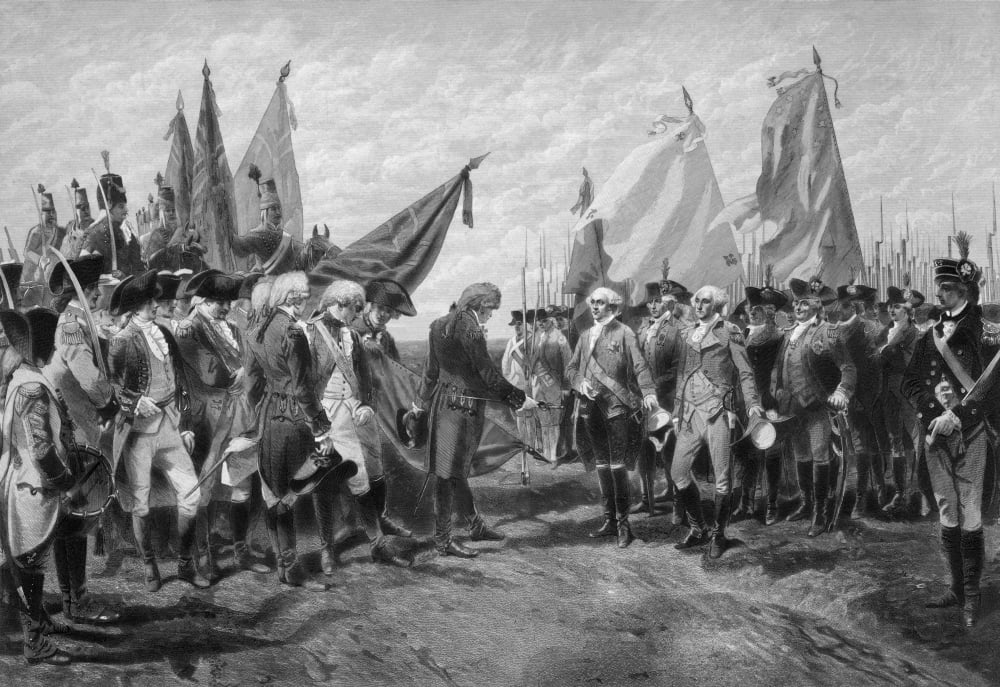Revolutionary War print showing the surrender of British troops Canvas Art - John ParrotStocktrek Images (34 x 24)