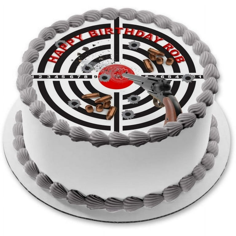 Revolver Gun Target Flying Bullet Hunters Edible Frosting Cake