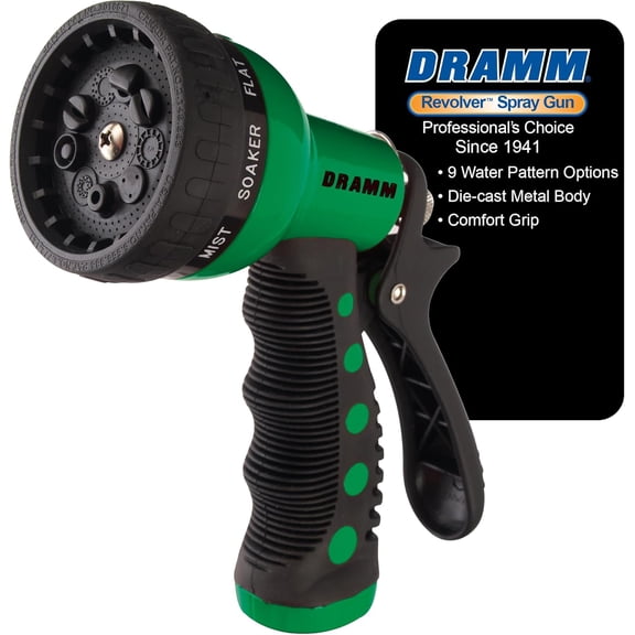 Revolver Heavy Duty Metal Garden Hose Nozzle  9 Spray Patterns, High Pressure Jet, Thumb-Control Flow, Ergonomic Grip  Green