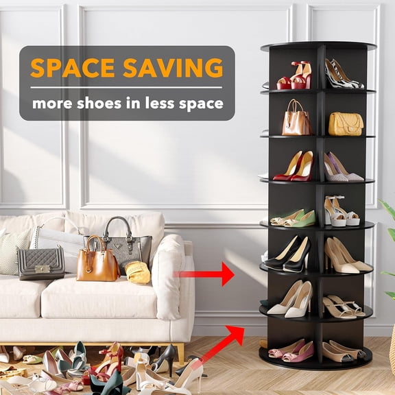 Revolving 360 Shoe Rack Tower 7 Tier Rotating Shoe Storage Carousel Lazy Susan Round Spinning Shoe Display Rack Vertical Organizer for Shoes Handbags Closet Black