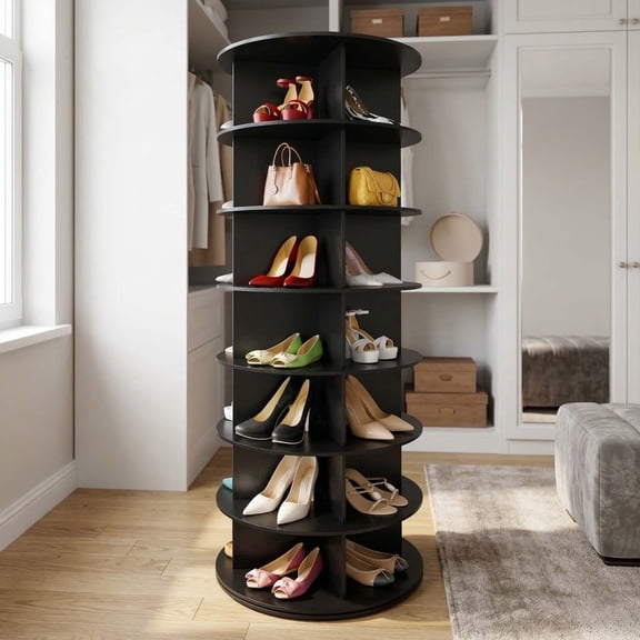 Revolving 360 Shoe Rack Tower 7 Tier Rotating Shoe Storage Carousel Lazy Susan Round Spinning Shoe Display Rack Vertical Organizer for Shoes Handbags Closet Black
