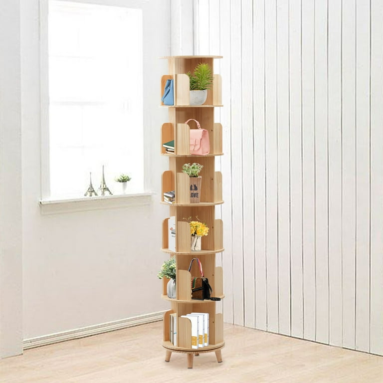Revolving Bookcase with 24 Shelves 6 Tier Freestanding Round Vertical Pine Wood Rotating Bookshelves Open Storage Swivel Book Magazine Orgarnizer for