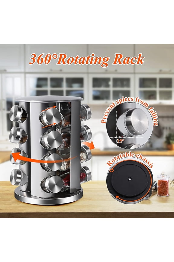 Revolving Countertop Spice Rack Stainless Steel Seasoning Storage Organization,Spice Tower for Kitchen Set of 16 Jars (16Jars)